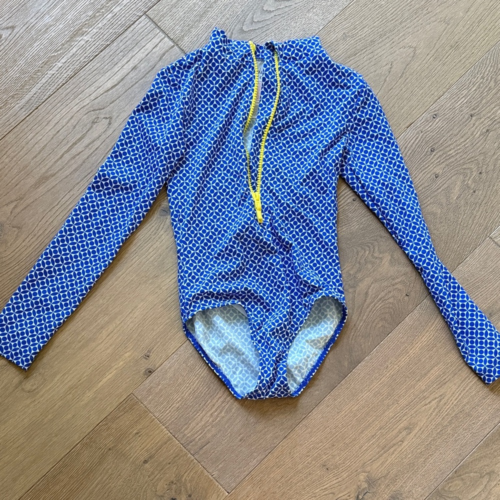 Mini Boden Blue Geometric Long-Sleeve One-Piece Swim with Yellow Zip